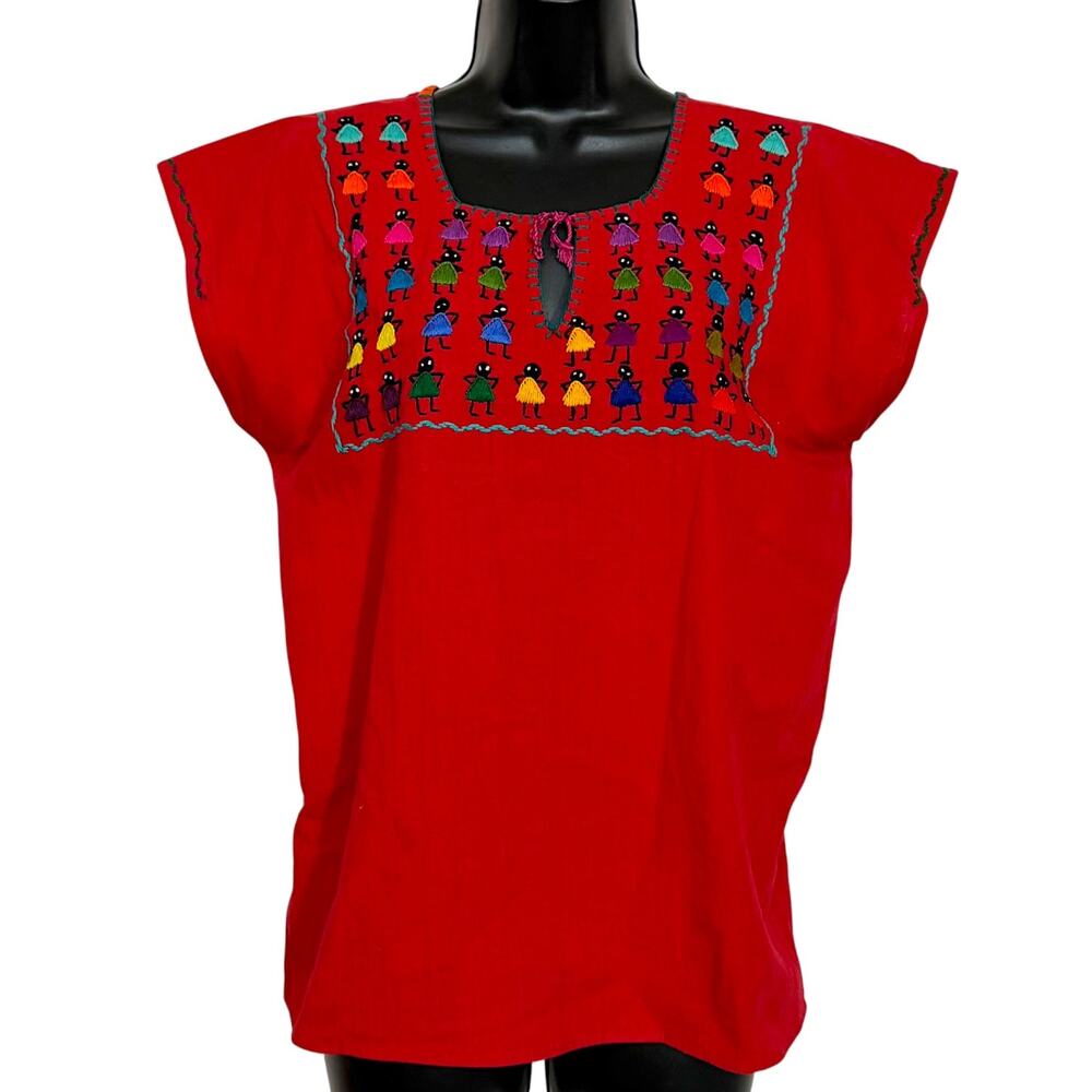 Vtg 90s Mexican Huipil Blouse M Red Hand Embroidered Muñequitas Folk Art Boho
